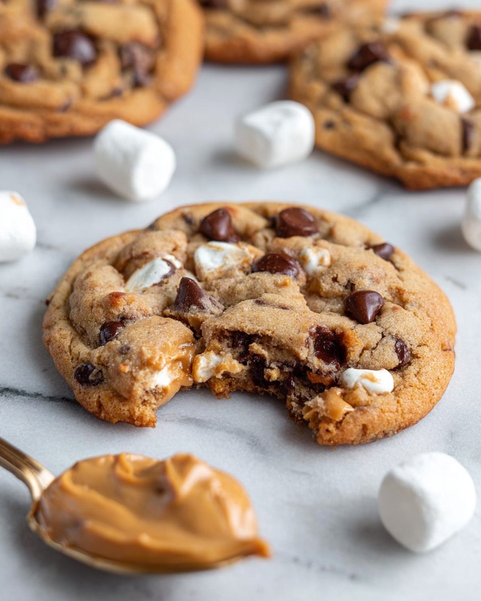 The image shows a close-up of a round cookie with a bite taken out of its edge, revealing a soft, chewy inside. The cookie is light brown with darker brown chocolate chips scattered throughout and small white marshmallow pieces baked slightly golden. Around the cookie are a few small white marshmallows resting on a white marbled surface. To the left, there is a spoonful of smooth peanut butter with a soft texture sitting on the surface. More cookies and marshmallows are blurred in the background. Photo taken with an iphone --ar 4:5 --v 7