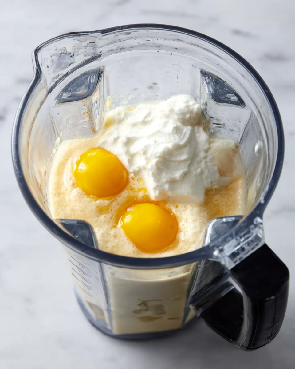 A clear blender jar sits on a white marbled surface, filled with layers of ingredients. At the bottom, there is a beige liquid with a smooth texture, topped by two bright yellow egg yolks positioned side by side near the center. On top and between the yolks, there is a dollop of thick white cream. The blender jar’s clear walls reveal the mixture inside clearly, and its black handle is visible on the right side. photo taken with an iphone --ar 4:5 --v 7