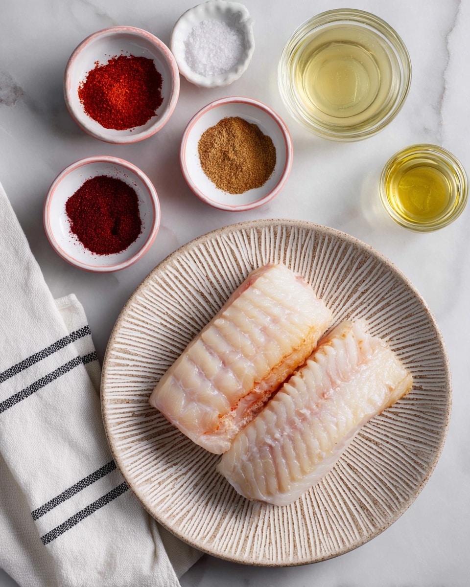 Two light beige pieces of raw fish with slight pinkish areas lie on a textured white plate with a wood grain pattern, positioned side by side near the center. Around the plate, there are five small white bowls with a pink rim, each holding a different powder or seasoning: bright red, deep reddish-brown, light brown, and white. Next to them, two small clear glass bowls contain pale yellow liquids. The setup rests on a white marbled surface with a folded white cloth with thin black stripes in the bottom left corner. Photo taken with an iphone --ar 4:5 --v 7
