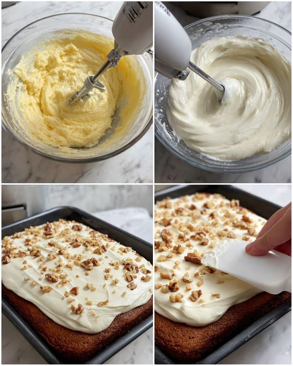 The image shows four steps of making a cake with frosting. In the first part, thick yellow cream is being mixed in a clear glass bowl with a hand mixer. In the second part, a smooth white frosting is being whipped in the same clear bowl with the mixer. In the third part, a white spatula held by a woman's hand spreads the thick white frosting over a brown cake in a black baking pan. In the last part, the cake is fully covered in smooth white frosting and small chopped nuts are sprinkled evenly on top. All photos are taken on a white marbled surface. Photo taken with an iphone --ar 4:5 --v 7