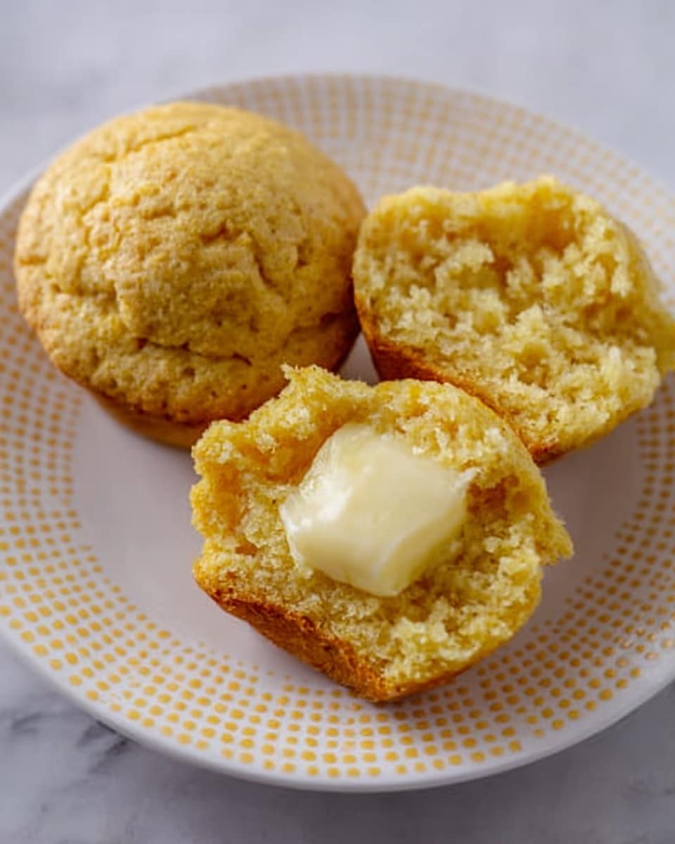 The image shows a white plate with a dotted yellow pattern holding two small, round, golden-yellow corn muffins. One muffin is whole, displaying a textured, slightly grainy top surface, while the other is split open to reveal a soft, crumbly inside with a pale yellow color. On the open muffin, there is a thick, melting pat of pale yellow butter sitting in the center, contrasting with the warm tones of the muffin. The plate rests on a white marbled surface. photo taken with an iphone --ar 4:5 --v 7