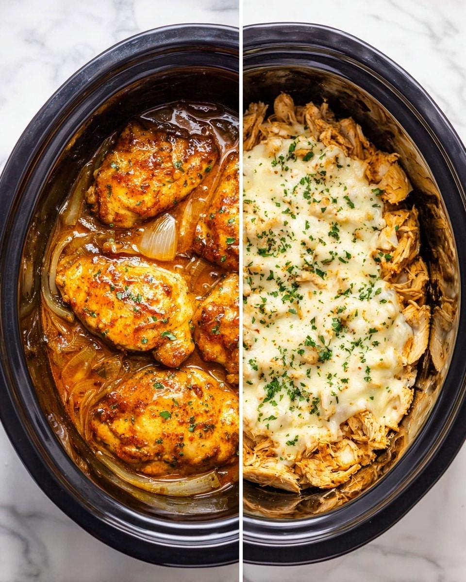 The image shows two side-by-side views inside a black slow cooker on a white marbled surface. On the left side, there are three golden brown pieces of cooked chicken sitting in a layer of orange-brown sauce with visible onion slices floating among them. On the right side, the cooked chicken is shredded into small pieces and covered with a layer of melted white cheese sprinkled with small green herb bits, all visible on top of the chicken and some sauce underneath. photo taken with an iphone --ar 4:5 --v 7