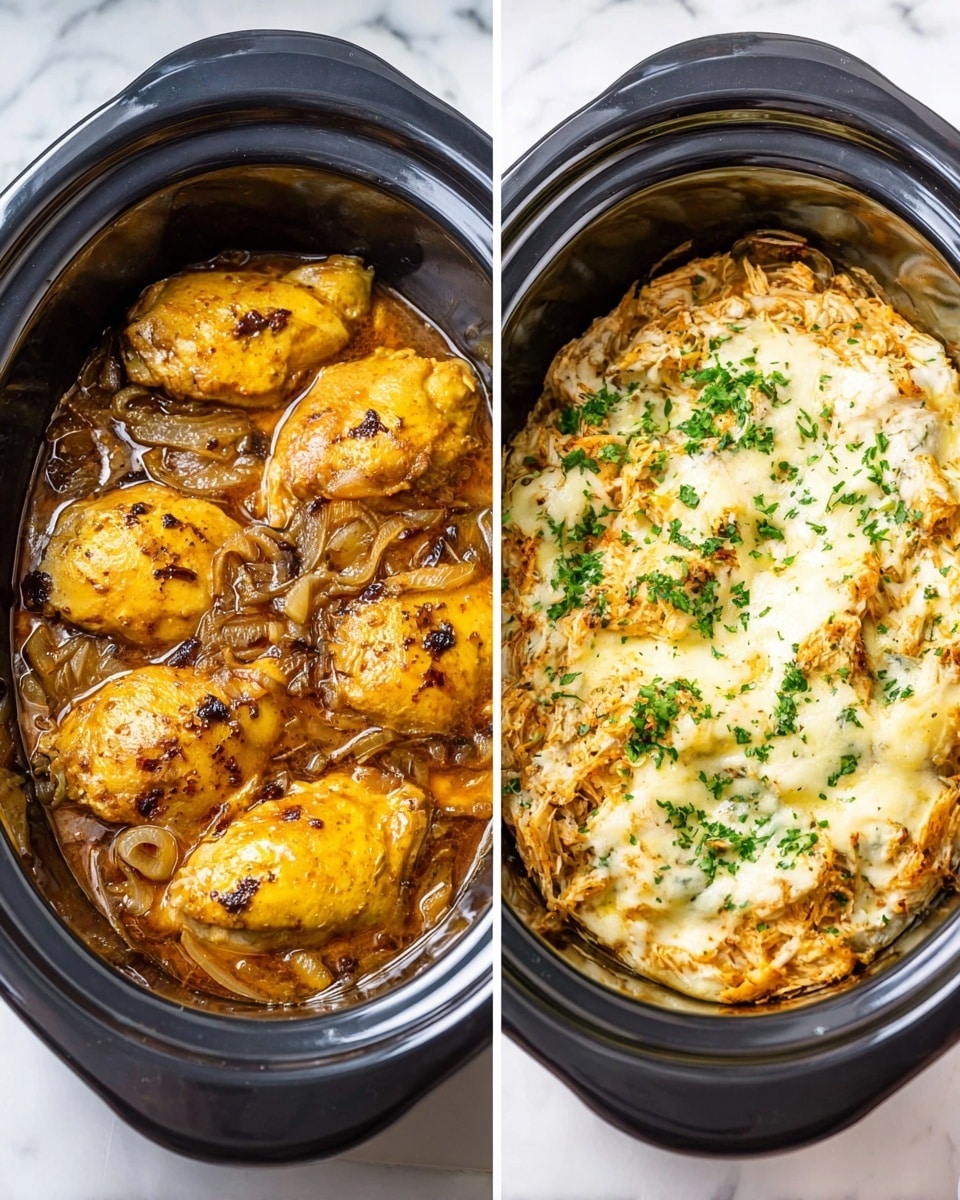 The image shows two oval-shaped black slow cookers side by side on a white marbled surface. The slow cooker on the left contains four golden-yellow cooked chicken pieces in a clear brownish sauce with visible onion slices and small bits of dark seasoning on top, with a glossy texture. The slow cooker on the right has shredded chicken mixed with melted white cheese and sprinkled with small green herb pieces, giving a creamy and slightly chunky texture. Both dishes fill most of the cookers, and the lighting brings out the warm tones of the food. Photo taken with an iphone --ar 4:5 --v 7