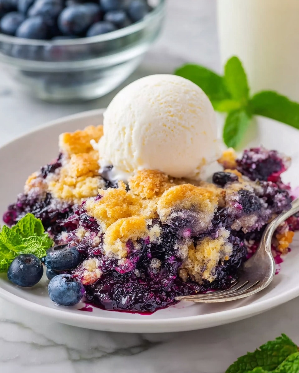 A white plate holds a serving of blueberry cobbler with a golden-brown top layer that appears soft and slightly crispy at the edges. Beneath the crust, layers of deep purple, juicy blueberries mixed with a crumbly, sugary texture are visible, creating a rich, moist filling. On top of the cobbler sits a single smooth, round scoop of white vanilla ice cream. The plate is placed on a white marbled surface with a few fresh blueberries and green mint leaves nearby, adding a fresh touch. In the background, a glass bowl filled with fresh blueberries and a glass of milk are slightly out of focus. Photo taken with an iphone --ar 4:5 --v 7