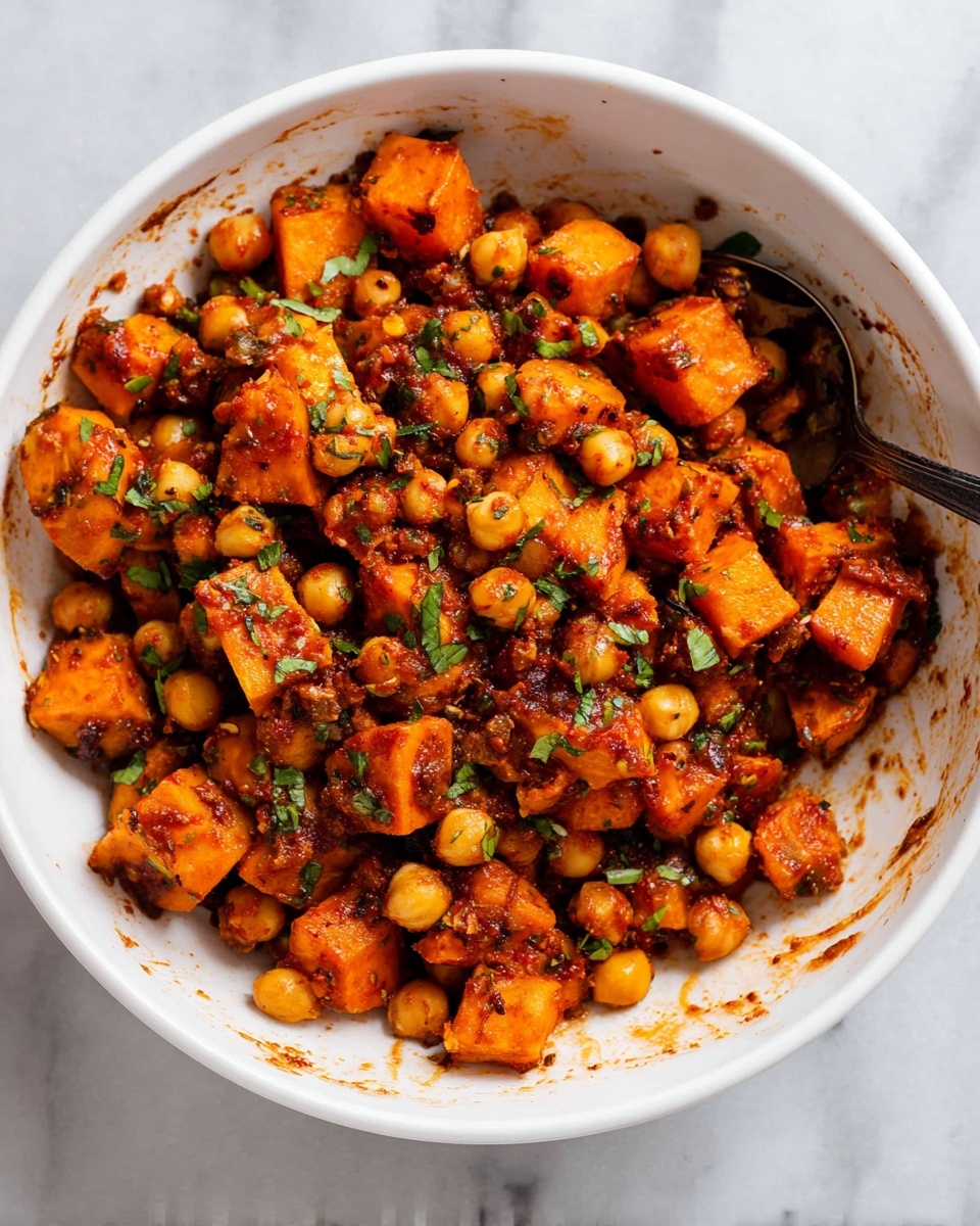 A white bowl filled with a mix of roasted golden-orange sweet potato cubes and small round chickpeas, both coated in a rich reddish-brown sauce with visible bits of green herbs scattered throughout. The chunky sweet potatoes have a soft, textured look, while the chickpeas add a round and firm contrast. The sauce clings thickly to the ingredients, and some of it is smeared on the inner side of the bowl, enhancing the vibrant colors. The bowl sits on a white marbled surface, and a dark utensil is partially visible inside the bowl. photo taken with an iphone --ar 4:5 --v 7