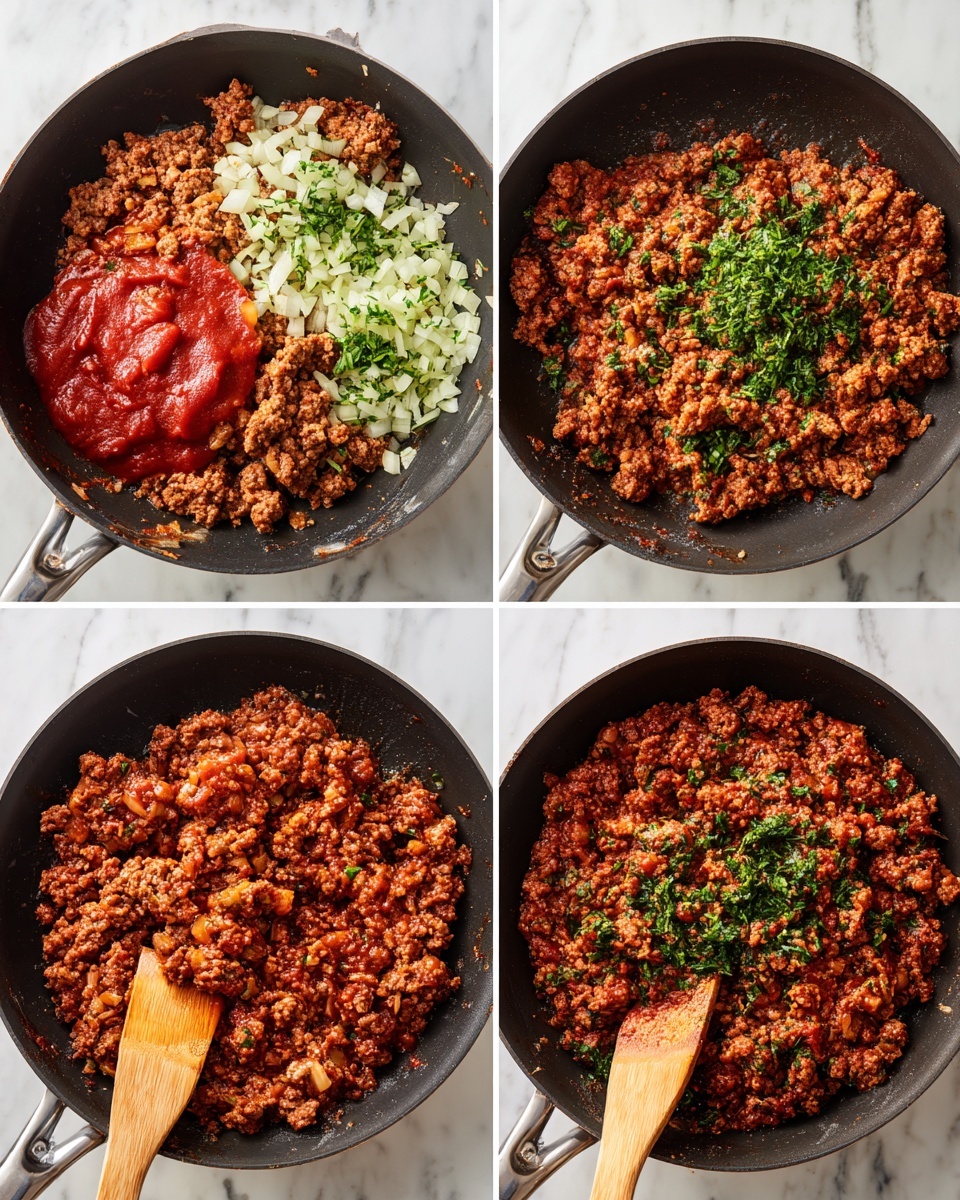 The four-panel image shows the cooking process of ground meat in a large black pan on a white marbled surface. In the first panel, browned ground meat is mixed with white chopped onions and bright green herb pieces layered on top. The second panel adds thick red sauce and ketchup in the center of the browned meat, with the mixture beginning to combine around it. The third panel shows the meat fully mixed with the sauce, giving a reddish-brown color and textured look, with some green herbs still visible. The last panel shows the finished dish, where all ingredients are evenly mixed and browned, creating a consistent reddish-brown textured meat sauce. A wooden spoon with a light brown handle rests on the pan in all panels. Photo taken with an iphone --ar 4:5 --v 7