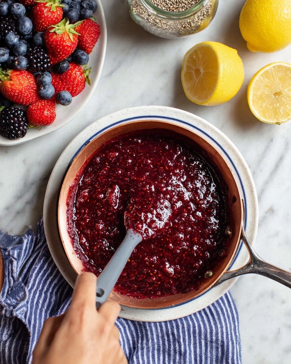 A close-up view of a small copper pan filled with thick, dark red berry sauce that has a glossy, slightly textured surface. A woman's hand is stirring the sauce with a gray spatula, with the pan resting on a white plate with blue stripes lying on a white marbled surface. To the left, there is a white plate filled with fresh strawberries, blueberries, and blackberries, while to the right, a whole lemon and a half-squeezed lemon are placed nearby, along with a small jar filled with seeds or grains. Photo taken with an iphone --ar 4:5 --v 7