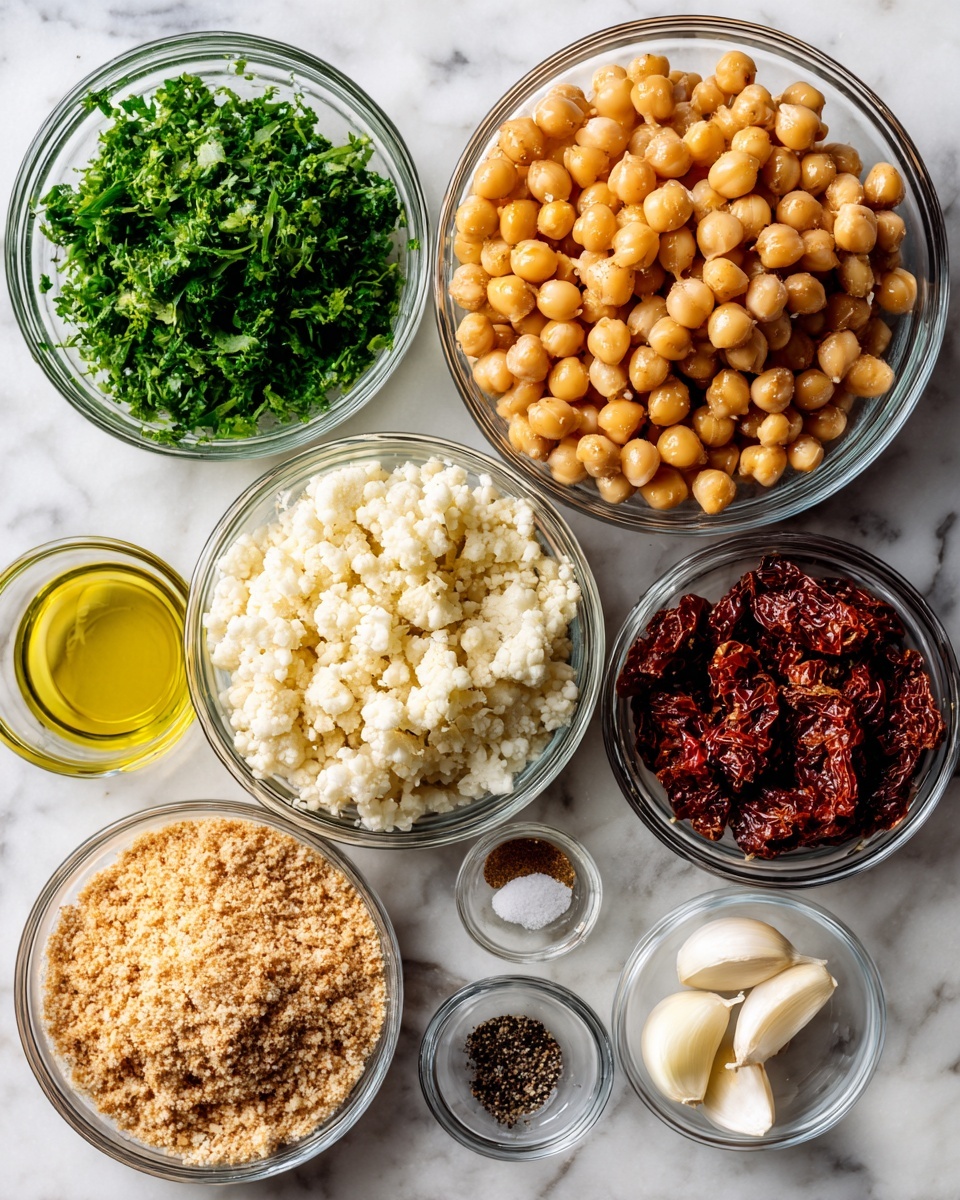 The image shows eight small clear glass bowls arranged on a white marbled surface. The largest bowl at top right is filled with whole round light golden chickpeas. Top left holds chopped fresh green parsley leaves in a smaller bowl. Below the chickpeas, medium-sized bowl contains off-white riced cauliflower with a grainy texture. To its right, a small bowl has dark red sun-dried tomatoes in thin pieces. Below the sun-dried tomatoes, a medium bowl holds fine, pale almond flour. At bottom left, roughly crushed light brown breadcrumbs are in a small bowl. Next to the breadcrumbs, a small clear glass bowl is filled with golden olive oil showing smooth liquid. Below the olive oil, two garlic cloves lie beside small clear bowls of coarse white salt and dark ground black pepper. The composition is neat and bright, photo taken with an iphone --ar 4:5 --v 7