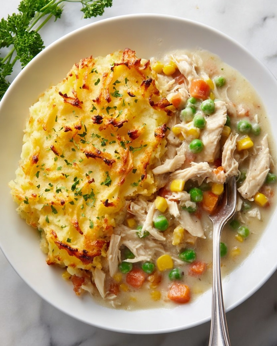 The dish is presented on a white plate placed on a white marbled surface. It has two main layers: on the left, a golden brown mashed potato topping with a ridged, slightly crispy texture sprinkled with small green herbs; on the right, a creamy white sauce filled with shredded pieces of light beige chicken, bright green peas, orange carrot cubes, and yellow corn kernels, all mixed smoothly in the sauce. A silver fork rests on the right side of the plate, slightly touching the creamy layer. Some fresh green parsley is visible in the background. Photo taken with an iphone --ar 4:5 --v 7
