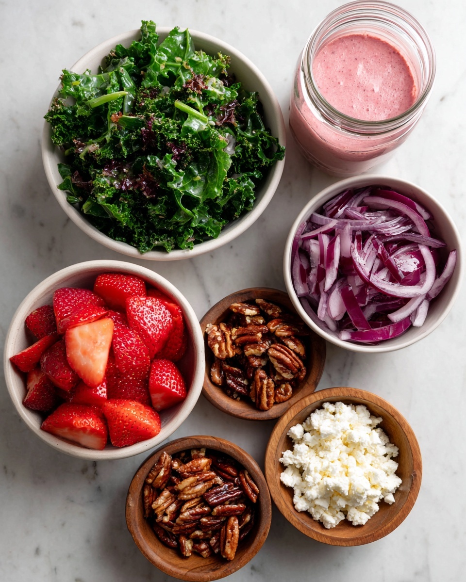 A top-down view of six small white bowls and one wood bowl arranged on a white marbled surface, each containing different salad ingredients. The largest white bowl at the top left holds dark green chopped kale with a leafy texture. To the right of it, a small glass jar filled with creamy pink strawberry vinaigrette is visible. Below the vinaigrette, a white bowl with light to dark brown pecan halves shows a rough, crunchy texture. To the left of the pecans, a white bowl holds bright red strawberries cut into large, wedge shapes with a juicy look. To the right of the strawberries and pecans, a white bowl contains thin slices of purple onion with a smooth, glossy texture. At the bottom center, a small wooden bowl is filled with white, crumbly goat cheese. All bowls are neatly spaced on the white marbled surface. photo taken with an iphone --ar 4:5 --v 7