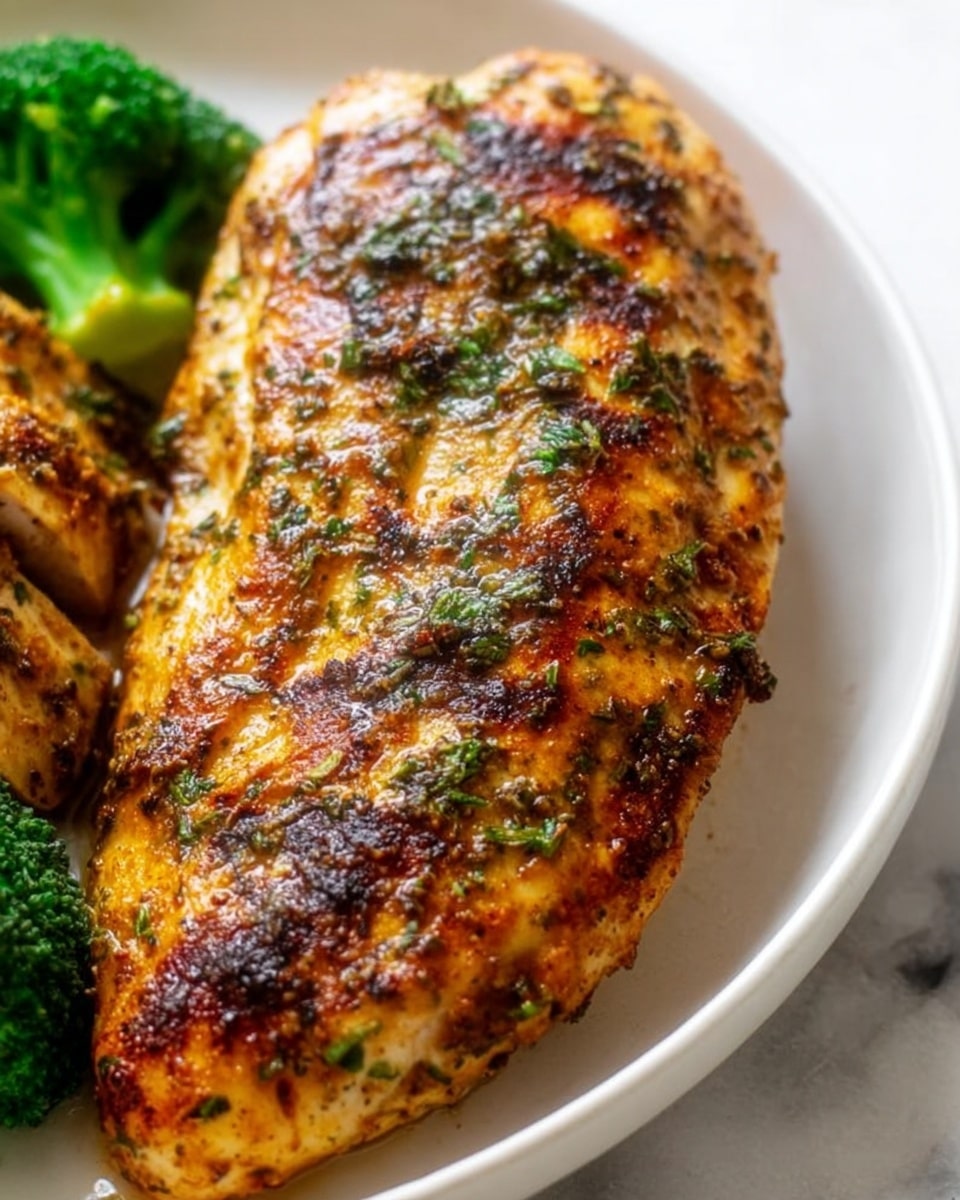 A close-up view of a cooked single piece of grilled chicken on one side of a white plate, the chicken has a golden brown color with charred dark spots and green herb sprinkles all over. Next to the chicken, there is another piece with visible slices and a small piece of steamed broccoli in the bottom corner. The plate is set on a white marbled surface. photo taken with an iphone --ar 4:5 --v 7