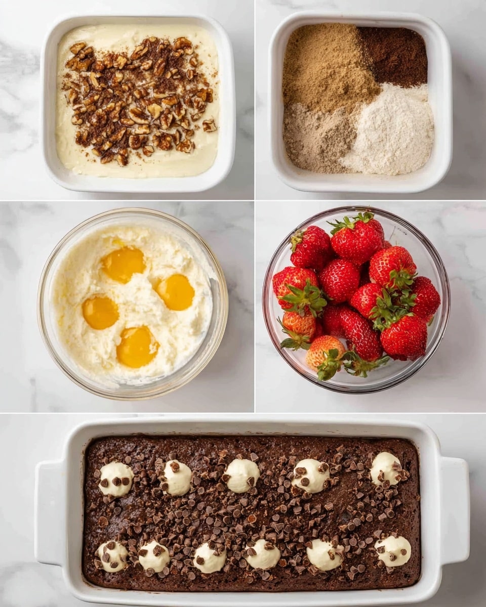 The image shows six steps of making a dessert in a white rectangular dish, all placed on a white marbled surface. The first step has a single white layer topped with scattered brown nut pieces. The second step shows a clear bowl with four separate dry ingredients divided in quarters, including a light beige powder, white sugar, light brown powder, and an off-white clump. The third step presents the same bowl with wet ingredients added—three raw bright yellow egg yolks surrounded by a dark brown batter. The fourth step is a clear bowl filled completely with a creamy white mixture, smooth and fluffy in texture. The fifth step returns to the white dish with a dark brown layer spread evenly on the base, topped by small dollops of the white creamy mixture spaced evenly across the surface. The final step shows the dessert baked with a dark brown base partially covered by a marshmallow-like white topping, sprinkled with dark brown chips and decorated with fresh red strawberries and red raspberries on top and around the edges. Photo taken with an iphone --ar 4:5 --v 7