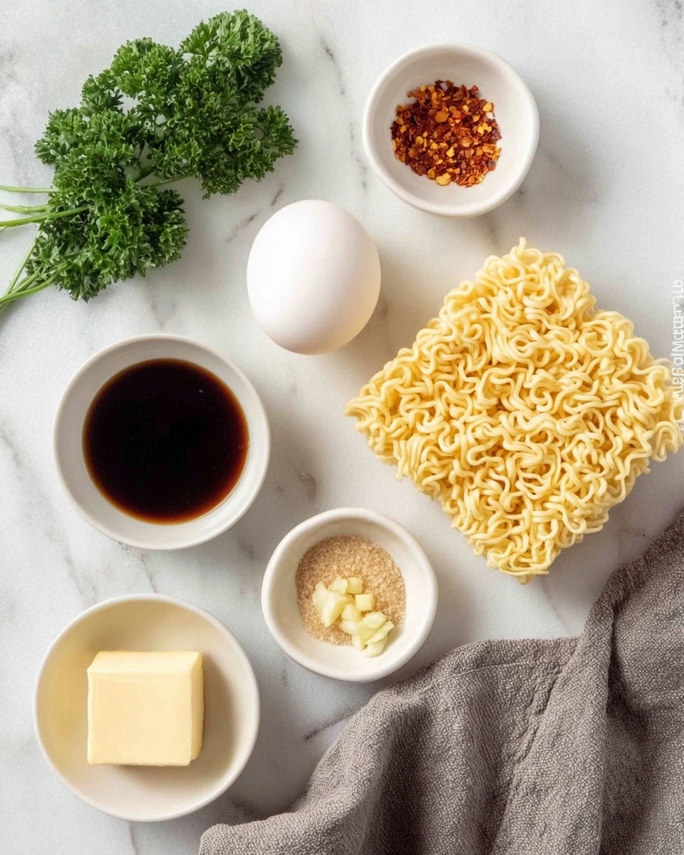A white marbled surface holds several white small bowls arranged around a block of uncooked curly yellow instant ramen noodles placed on the right side. In the center is a whole white egg. From top left, green fresh parsley lies next to a small bowl with red chili flakes, and beside it is another bowl filled with dark soy sauce. Below are three small bowls: one with minced light yellow garlic, one with a square piece of pale yellow butter, and one containing light brown granulated sugar, resting partly on a gray cloth. The colors include creamy yellows, reds, greens, and whites, all set neatly on the white marbled background. Photo taken with an iphone --ar 4:5 --v 7