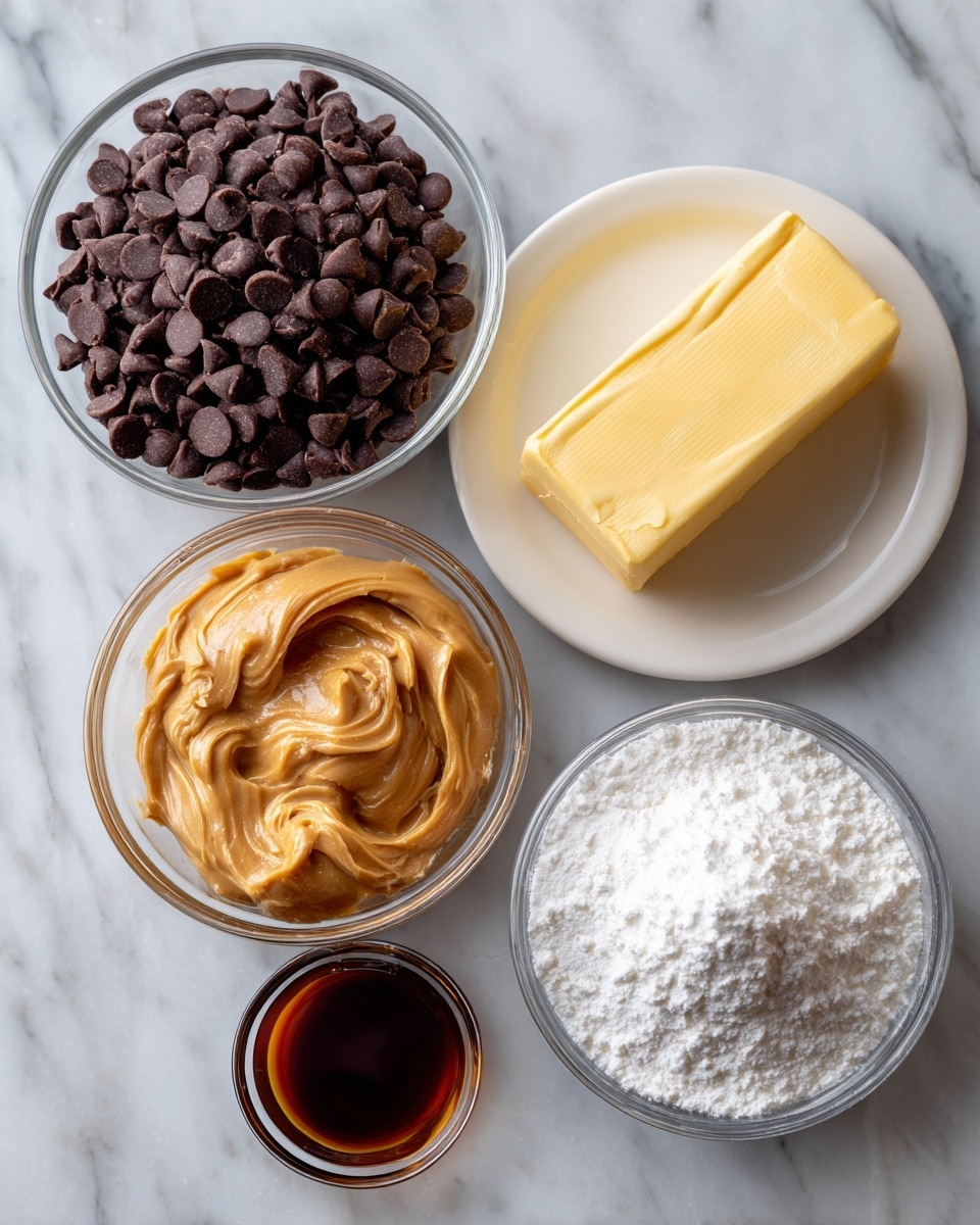 This image shows five ingredients placed on a white marbled surface. On the top left, there is a clear round bowl filled with dark brown chocolate chips. To the right, a small white plate holds a light yellow stick of butter. Below the butter, there is a clear bowl filled with creamy light brown peanut butter with visible smooth swirls on top. Toward the bottom left, a small clear bowl contains dark brown vanilla extract. At the very bottom, a larger clear bowl is filled with a heap of white powdered sugar. All items are neatly arranged with labels above or beside them. Photo taken with an iphone --ar 4:5 --v 7