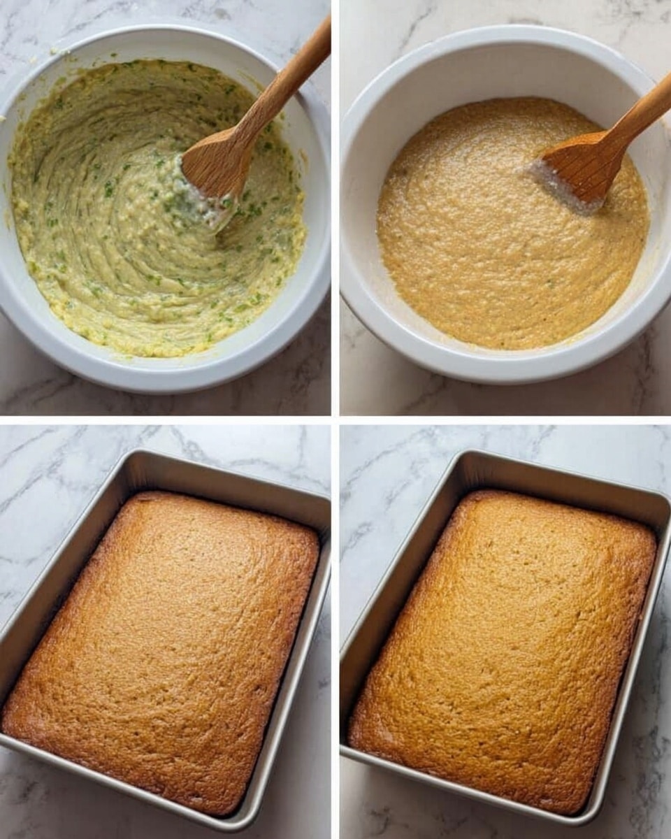 The image shows four steps of making a batter in a white bowl and a baked cake in a rectangular metal pan. The top left image shows a white bowl with greenish batter and a wooden spoon stirring it on a white marbled surface. The top right image shows the same white bowl with thicker, light brownish batter and the wooden spoon resting inside it. The bottom left image shows the metal pan filled with the light brown batter spread evenly on the same white marbled surface. The bottom right image shows the metal pan with the golden-brown baked cake with a smooth top on the white marbled surface. photo taken with an iphone --ar 4:5 --v 7