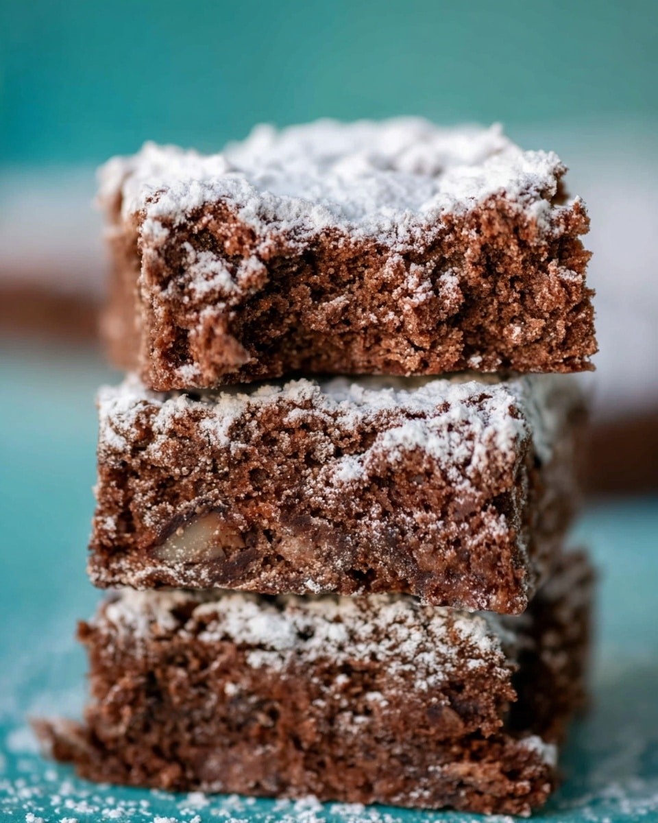 The image shows a close-up of a stack of three thick, square-shaped chocolate brownies covered with a light dusting of white powdered sugar, giving the top and sides a soft, powdery texture. Each brownie has a dense, crumbly chocolate layer with visible chunks inside, adding texture and depth. The brownies are stacked vertically on a surface with a blurred turquoise background, highlighting the rich brown and white powdered sugar contrast. The top brownie has a bite taken out of one corner, showing the moist crumb inside. Photo taken with an iphone --ar 4:5 --v 7