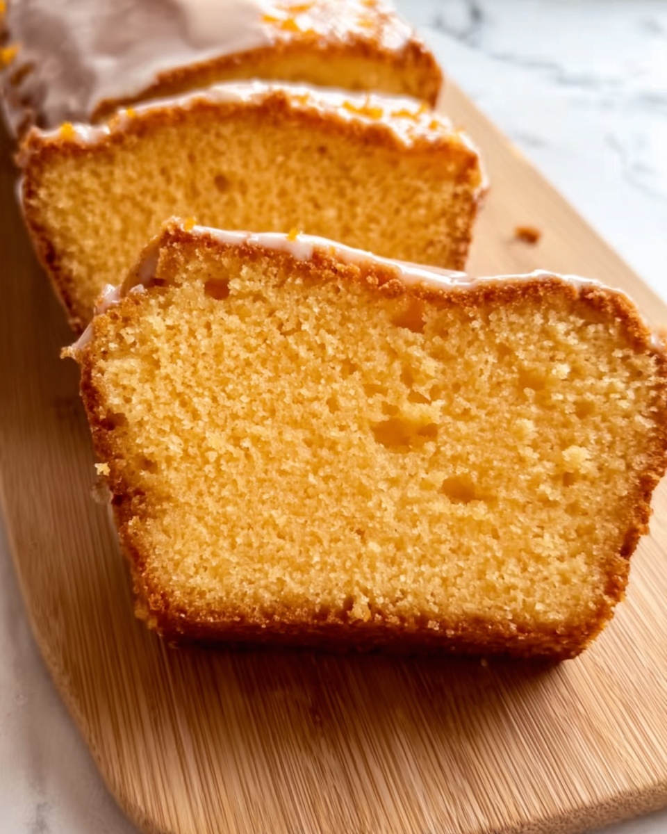 The image shows three slices of moist orange cake with a shiny white glaze on top. The slices have a soft, crumbly texture with small air holes visible inside. They are placed side by side on a light wooden board that contrasts with the vibrant orange color of the cake. The background is a white marbled surface with soft light enhancing the warm tones of the cake. Photo taken with an iphone --ar 4:5 --v 7