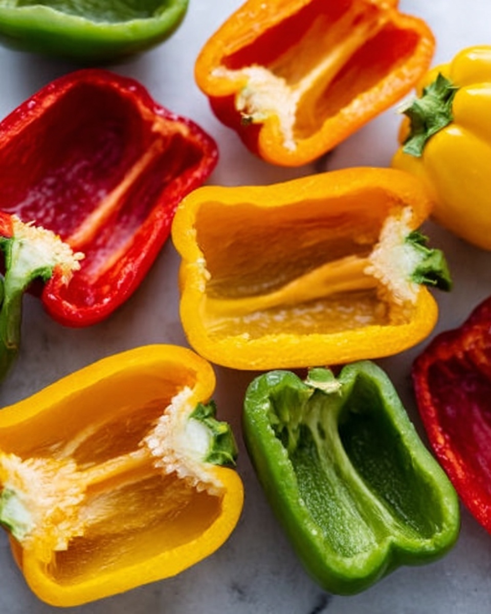 The image shows a close-up of several halved bell peppers placed open side up on a white marbled surface. There are three colors of bell peppers: red, yellow, and green. The peppers are arranged in a scattered way, with each half showing its smooth inner texture and glossy skin. The red peppers have a deep shiny red color, the yellow peppers have a bright, sunny yellow shade, and the green peppers show a fresh, vibrant green. The lighting highlights the shiny surface of each pepper, making their colors pop. Photo taken with an iphone --ar 4:5 --v 7
