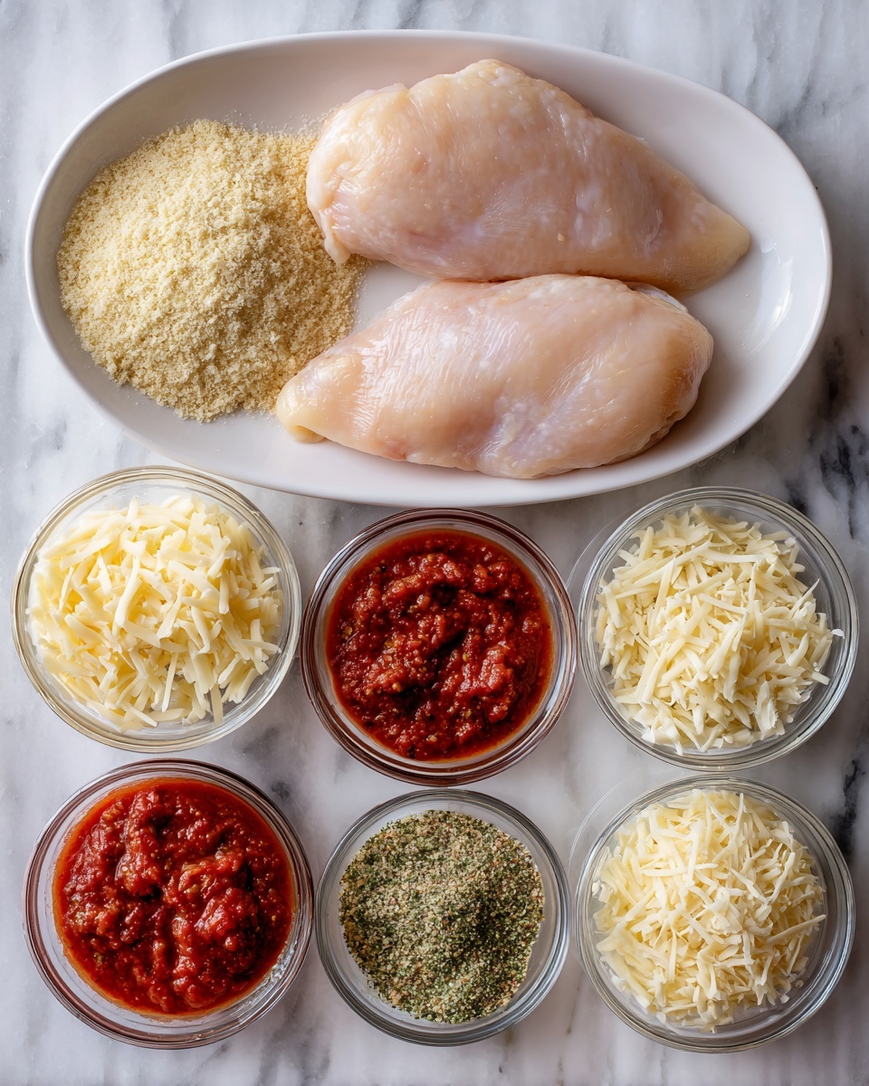 The image shows a white dish with two raw chicken pieces at the top center. Surrounding the chicken on a white marbled surface below are small clear glass bowls containing breadcrumbs mixed with garlic powder, Italian seasoning, chili powder, salt and pepper, eggs, shredded mozzarella cheese, spaghetti sauce, and grated Parmesan cheese; each bowl's contents have distinct textures and colors, such as pale yellow for the cheeses, vibrant red for the spaghetti sauce, and a mix of greenish and brown hues in the breadcrumb seasoning mix. The bowls are neatly arranged in a grid-like pattern around the chicken. The photo taken with an iphone --ar 4:5 --v 7