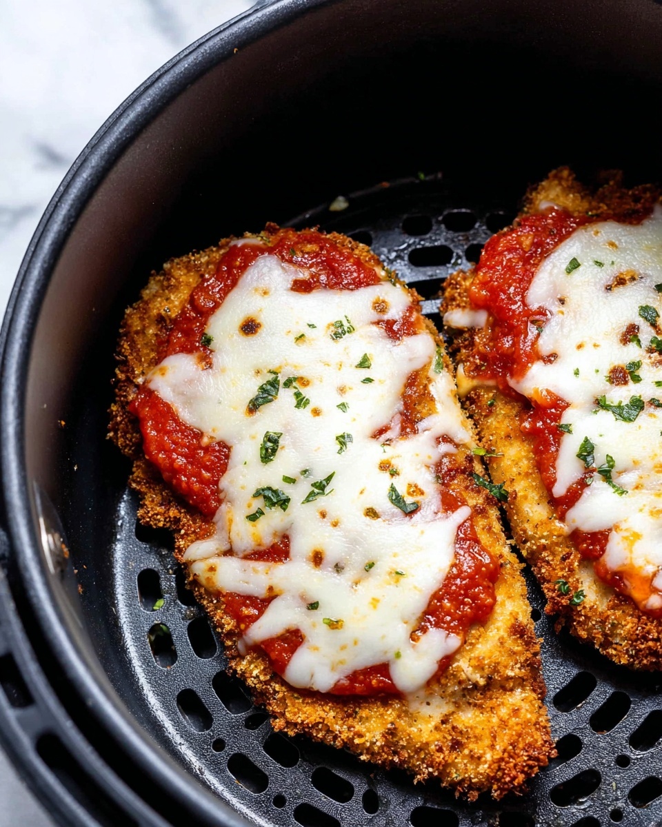 The image shows two pieces of breaded and fried cutlets placed in a black air fryer basket with holes. Each cutlet has three visible layers: the bottom golden-brown crunchy coating with a rough texture, a middle layer of bright red tomato sauce, and a top layer of melted white cheese that spreads unevenly over the sauce. Small green herb flakes are scattered on the cheese. The black air fryer basket contrasts with the golden and white colors of the cutlets. The surface beneath the basket is not visible but imagine a white marbled texture. Photo taken with an iphone --ar 4:5 --v 7