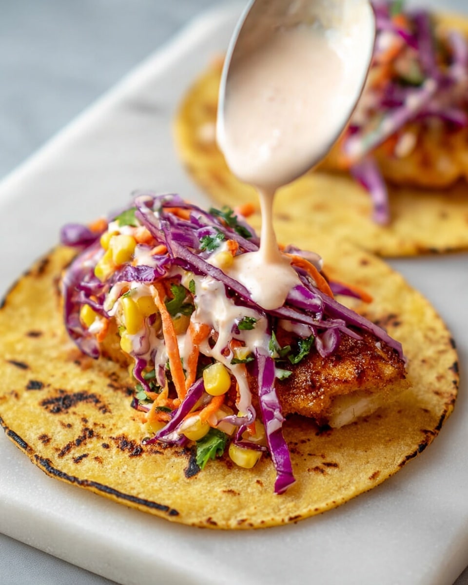 A close-up of a small yellow corn tortilla with slight charred spots, lying flat on a white marbled surface. On the tortilla, there is a crispy golden brown fried piece of fish as the first layer. On top of the fish, there is a colorful mix of shredded purple cabbage, thin orange carrot strips, small yellow corn kernels, and bits of green herbs, making the second layer. A spoon held by a woman's hand is drizzling a creamy light pinkish-white sauce over the top layer, adding a smooth texture contrast. In the background, a second plain tortilla is slightly blurred. photo taken with an iphone --ar 4:5 --v 7