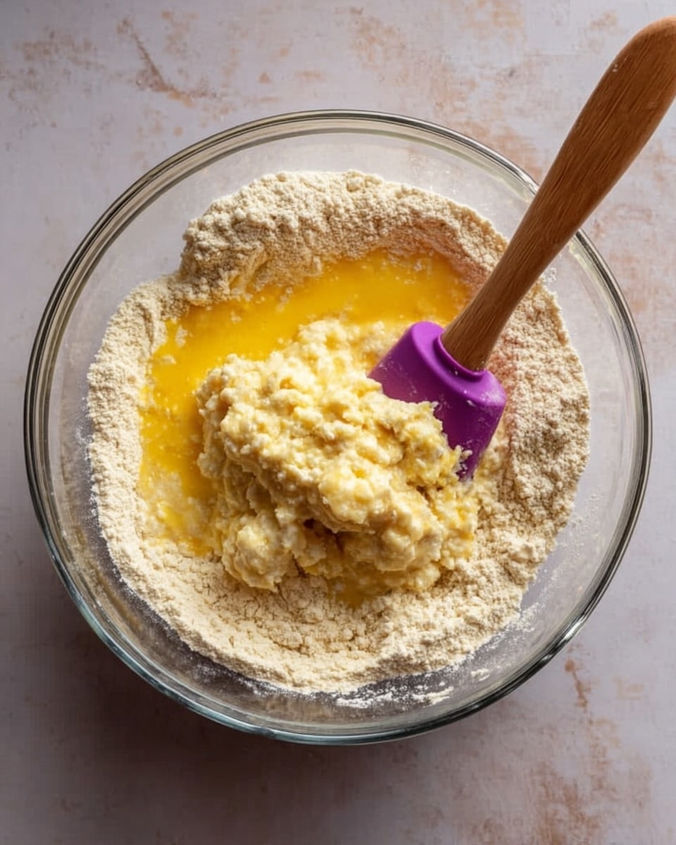 A clear glass mixing bowl sits on a white marbled surface filled with three main layers: the bottom layer is light beige flour powder, the middle layer is yellow beaten eggs spreading over the flour, and on top there is a pale, chunky dairy mixture. A wooden spatula with a bright purple silicone head rests inside the bowl, partially dipped into the ingredients. The scene is viewed from above, showing the textures and colors clearly. photo taken with an iphone --ar 4:5 --v 7