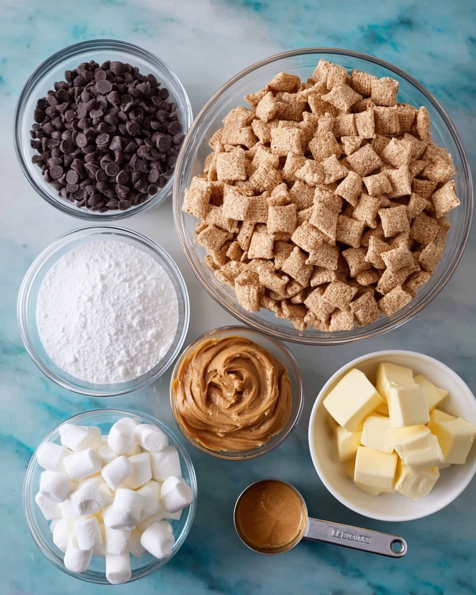 A top-down view shows six bowls and a measuring cup placed on a white marbled surface. The largest bowl is clear and filled with light brown square cereal pieces. Next to it, a smaller clear bowl is filled with dark chocolate chips. Another small clear bowl contains white powder. A white bowl is filled with small white marshmallows. A tiny white bowl holds several pieces of light yellow butter. Finally, a silver 1-cup measuring cup holds smooth peanut butter, light brown in color. photo taken with an iphone --ar 4:5 --v 7
