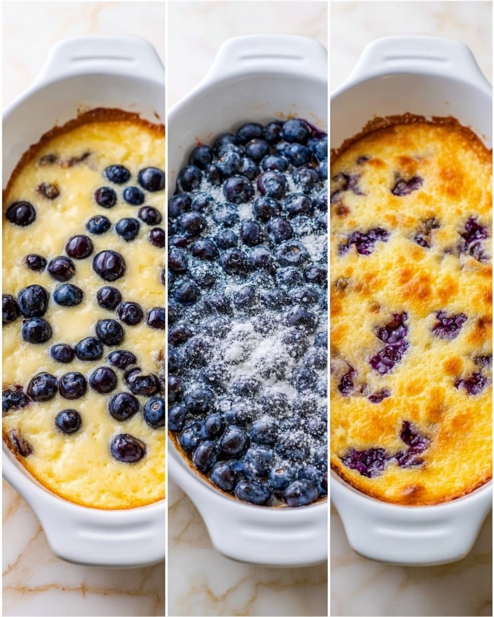 The image shows three white oval dishes placed side by side on a white marbled surface. The first dish is filled with a pale yellow batter topped evenly with fresh, dark blue blueberries. The second dish shows the same batter and blueberries but now covered with a light layer of white granulated sugar, creating a sparkling effect. The third dish contains a golden baked dessert with bubbly edges, where the deep purple blueberries have mixed lightly into the golden-yellow crust, forming swirled purple spots. Photo taken with an iphone --ar 4:5 --v 7