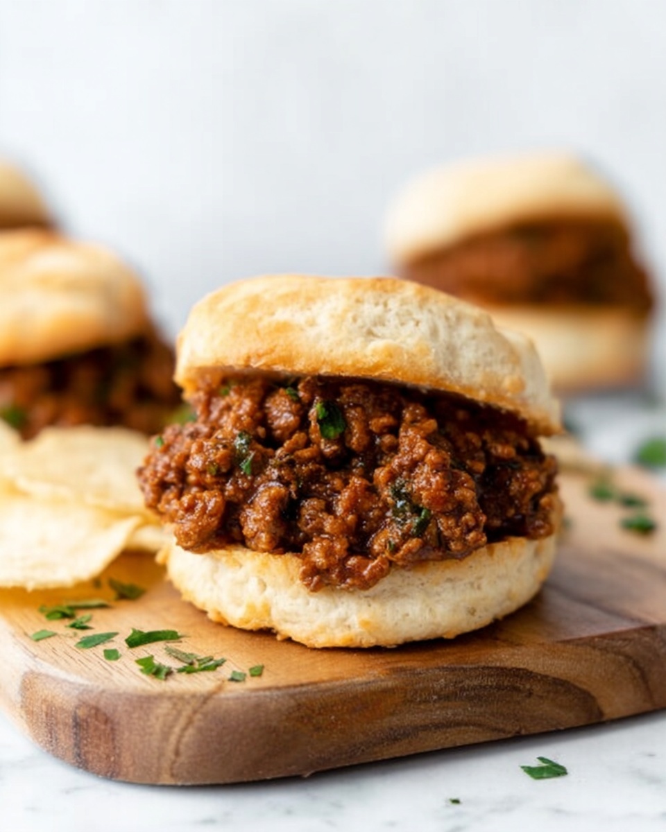 The image shows a small sandwich with a rich dark brown minced meat filling mixed with green herbs, placed between two light brown, soft biscuits. The biscuit's top layer is slightly lifted, revealing the thick, textured meat inside. The sandwich sits on a wooden board with some chopped green herbs sprinkled around, and a few light beige chips are partially visible beside it. The background has a clean white marbled texture, and there are more sandwiches blurred in the distance. Photo taken with an iphone --ar 4:5 --v 7