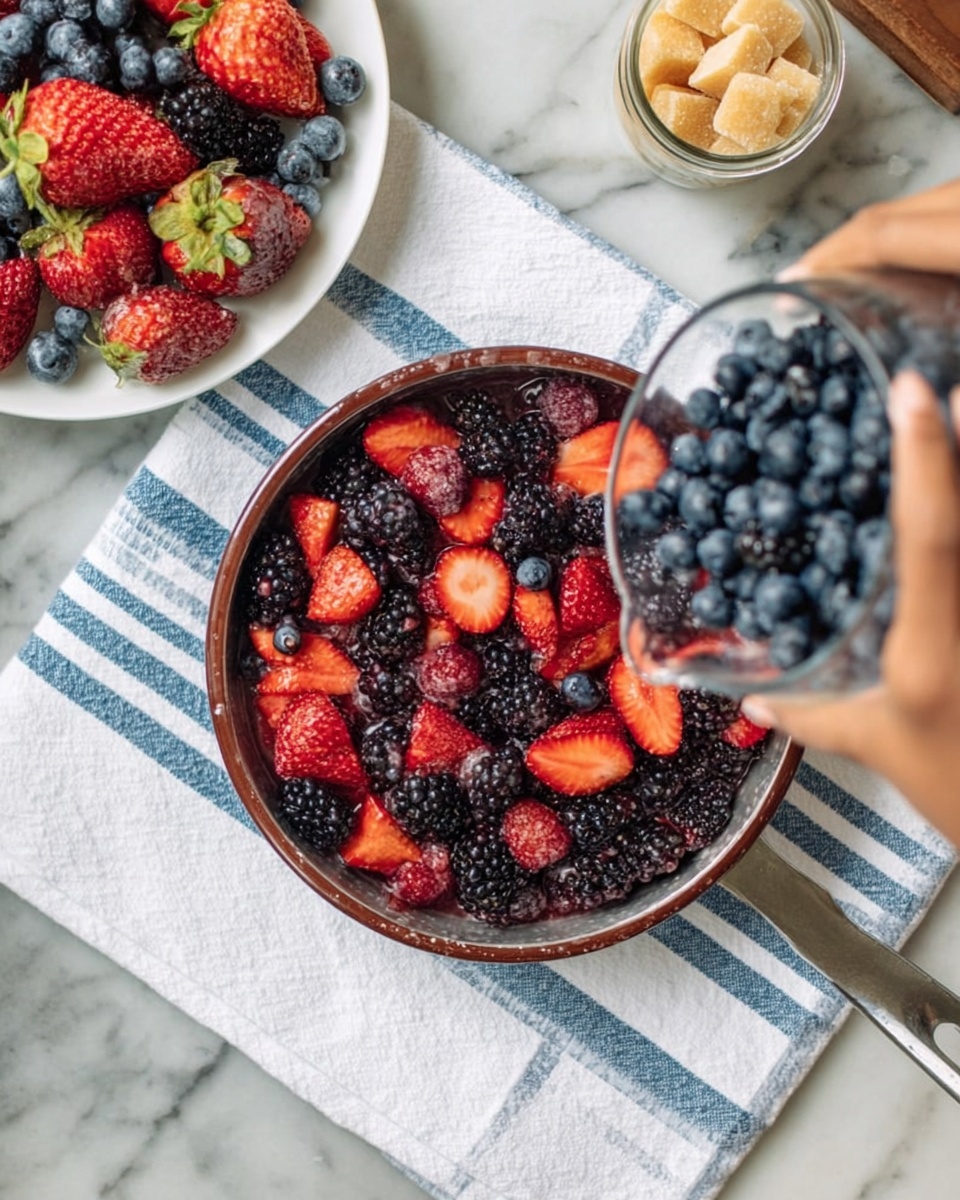 The image shows a brown pan filled with a mix of colorful berries: red strawberries, dark blackberries, and blue blueberries. The berries are fresh and look juicy. A woman’s hand is holding a clear glass container above the pan, pouring more blueberries into it. The pan is placed on a white cloth with blue stripes, all set on a white marbled surface. In the top left of the picture, there is a white plate holding some strawberries, blueberries, and blackberries. To the right, there is a jar of sugar cubes. Photo taken with an iphone --ar 4:5 --v 7