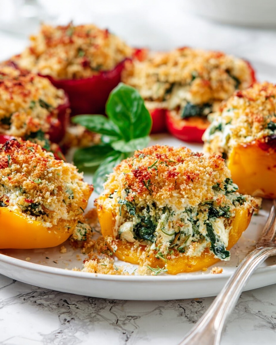 The image shows several stuffed bell pepper halves arranged on a round white plate with a white marbled background. Each pepper half has three distinct layers: the bottom layer is the vibrant colored pepper flesh (yellow, red, and green hues), the middle layer is a creamy white mixture with green spinach pieces, and the top layer is a golden brown crispy breadcrumb topping. One pepper half in the foreground is cut open showing all three layers clearly, revealing the soft pepper base, thick creamy filling with green spinach bits, and crunchy browned breadcrumbs on top. There is a small green herb garnish in the center of the plate and a silver fork on the right side. Photo taken with an iphone --ar 4:5 --v 7