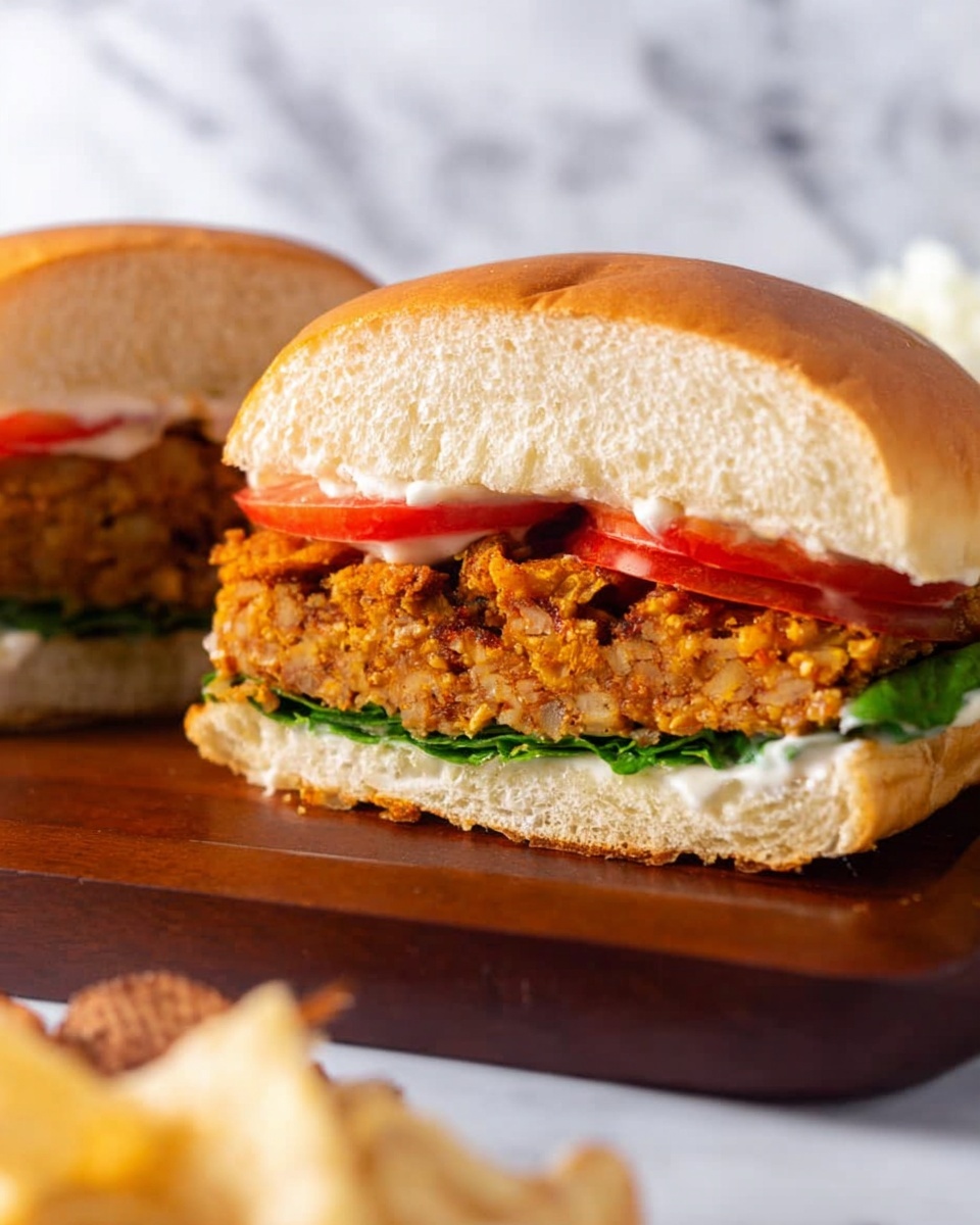 The image shows a sandwich cut in half, with two layers of soft golden brown buns. Inside, the first layer is fresh green lettuce placed directly on the bottom bun. On top of the lettuce, there is a thick, crumbly, orange-brown textured patty that looks crispy on the edges. Above the patty, there are thin slices of red tomato and a small amount of white sauce spread on the inside of the soft top bun. The sandwich halves are placed on a dark wooden board, with a white marbled surface in the background and blurred light-colored snacks in the foreground. photo taken with an iphone --ar 4:5 --v 7