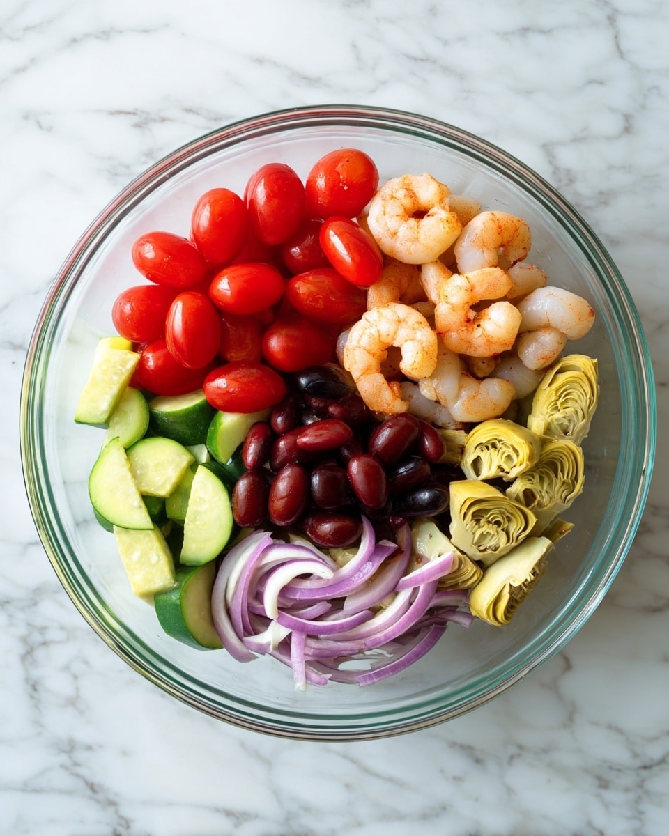 A clear glass bowl on a white marbled surface holds six separate sections of colorful ingredients. Starting from the top right and moving clockwise, there are small cooked shrimp in a light beige color, bright red cherry tomatoes, slices of green cucumber with dark green skin, small yellowish artichoke hearts, thin slices of red onion, and a cluster of dark red kidney beans in the center. Each ingredient is neatly placed in its own section, creating a clear and fresh look. photo taken with an iphone --ar 4:5 --v 7