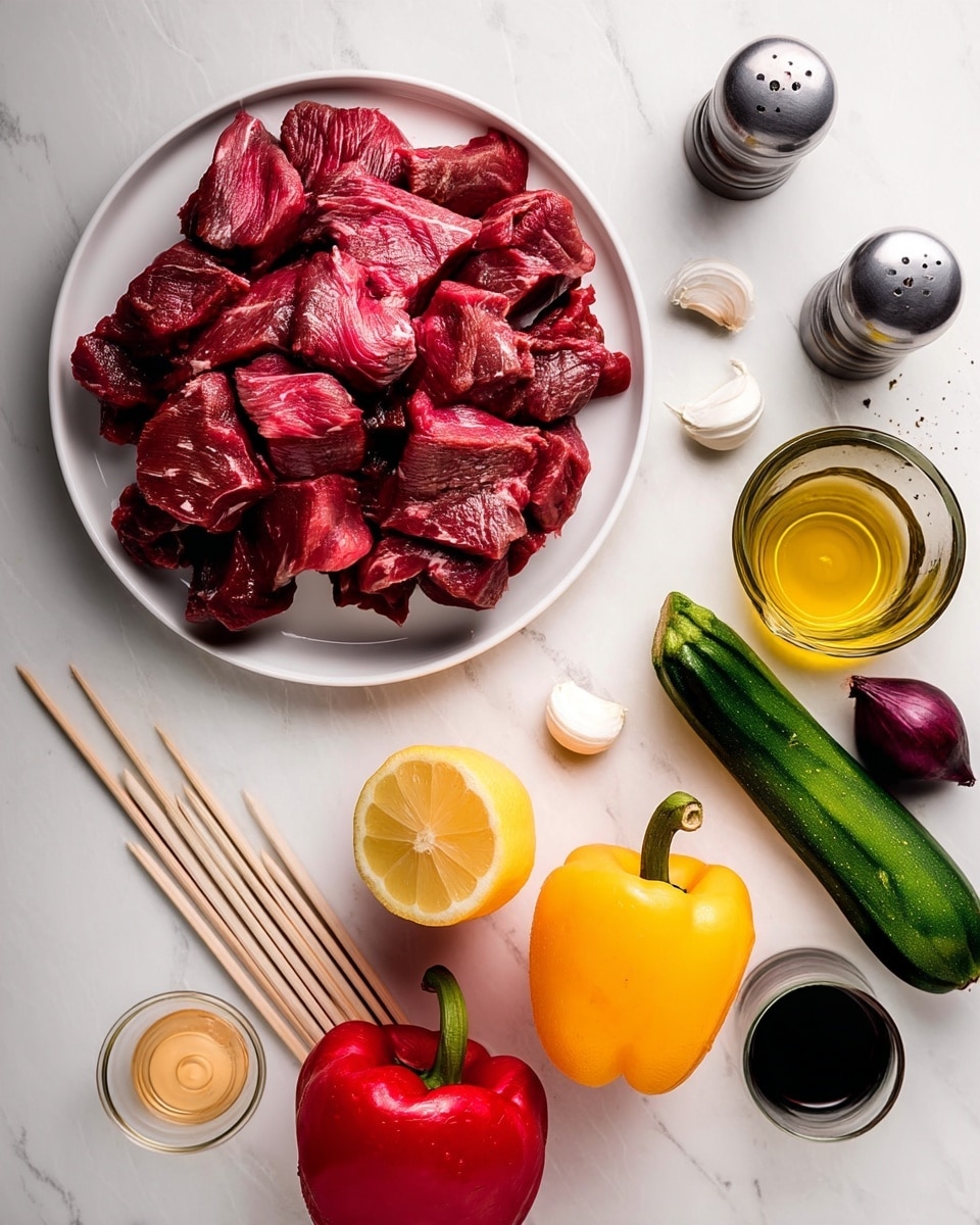 The image shows fresh ingredients arranged neatly on a white marbled surface. There is a white plate on the left side filled with raw beef chunks, deep red in color and roughly cubed. Around the plate, there are three cloves of garlic, a halved lemon with bright yellow flesh, a whole yellow bell pepper, a whole red bell pepper, a whole green zucchini, and a whole purple onion. Additionally, there are four wooden skewers laid out horizontally at the bottom left. Three small glass containers hold different liquids: one with a golden yellow oil, one with a dark balsamic-like liquid, and two others with dark and red liquids. A pepper grinder is also visible near the top right. All items are spaced evenly, showing a clean and fresh preparation setting. photo taken with an iphone --ar 4:5 --v 7