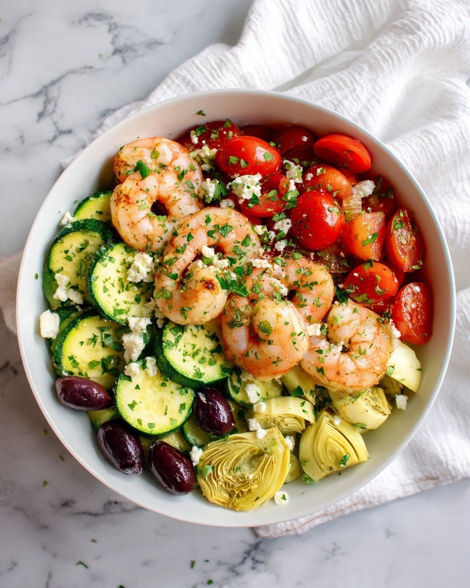A white bowl filled with a colorful shrimp salad sits on a white marbled surface with a white cloth nearby. The salad has multiple layers: at the base are green zucchini slices with a light texture and some dark purple olives. Interspersed among them are halved bright red cherry tomatoes and pieces of pale green artichoke hearts with a layered, soft look. On top, pink-orange shrimp are arranged evenly across the salad, looking cooked and plump. Small white cubes of cheese are sprinkled over the shrimp and vegetables, and finely chopped green herbs are scattered for garnish. The overall mix looks fresh and vibrant, with varied textures and colors. photo taken with an iphone --ar 4:5 --v 7