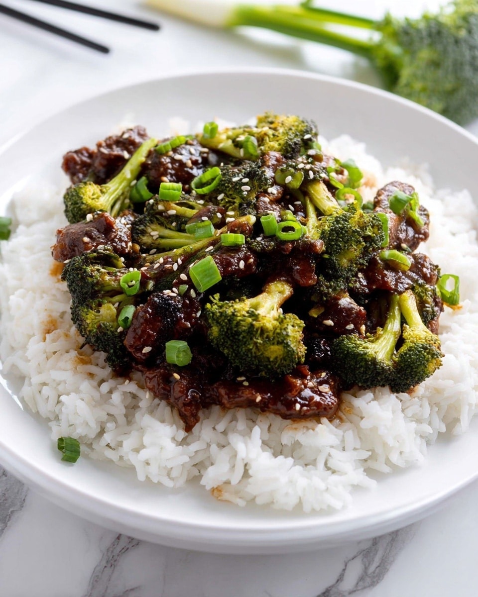 A white plate holds a base layer of fluffy white rice, spread evenly in a round shape. On top, there is a thick layer of dark brown beef mixed with green broccoli pieces, cooked with a slightly shiny sauce. Green chopped scallions and small white sesame seeds are sprinkled over the meat and broccoli for extra texture and color. The plate sits on a white marbled surface, with a pair of black chopsticks and some green vegetables blurred in the background. Photo taken with an iphone --ar 4:5 --v 7