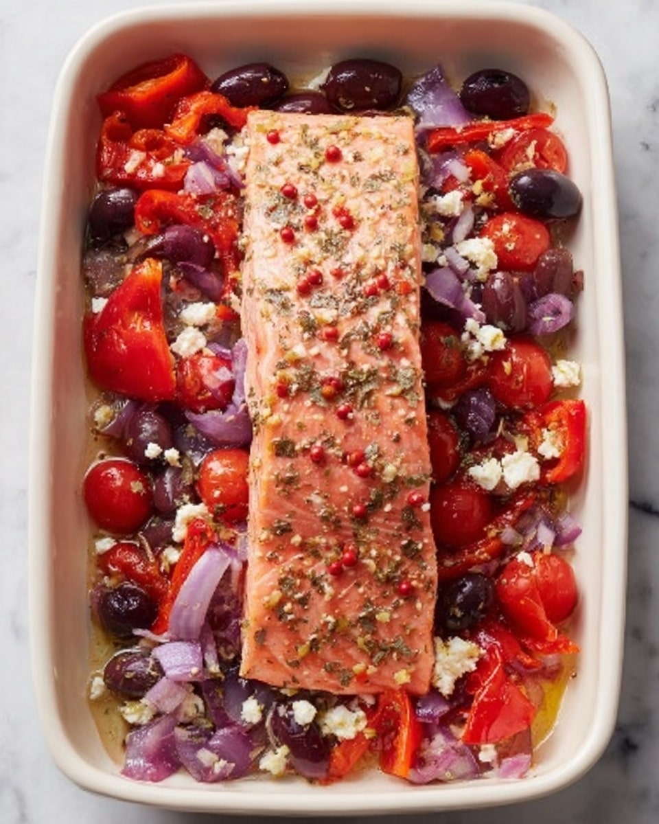 A white rectangular dish filled with a cooked pink salmon fillet placed in the center. Surrounding the salmon are layers of chopped red bell peppers, halved red cherry tomatoes, diced light purple onions, dark purple olives, and small white pieces of cheese, all mixed together. The dish is sprinkled with small red pepper flakes and a few seeds across the top, adding texture. The background surface shows a white marbled texture. Photo taken with an iphone --ar 4:5 --v 7