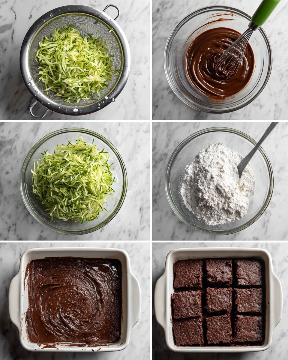 The multi-image recipe shows a step-by-step process involving six stages. The first layer features fresh green shredded zucchini in a silver colander with water droplets on a white marbled surface. The second layer contains a smooth dark brown chocolate mixture in a clear glass bowl with a whisk placed inside, on the same white marbled surface. The third layer shows the shredded zucchini being folded gently into the chocolate mixture inside the glass bowl with a green spatula on the side. The fourth layer displays white flour being added on top of the chocolate and zucchini mix in the glass bowl, with the green spatula partly submerged. The fifth layer captures the batter spread evenly in a white dish, with the surface looking thick and dark brown, and a dusting of flour on top. The sixth layer reveals the finished baked dish cut into neat square pieces, with a dark, moist texture, all set on a white marbled surface. Photo taken with an iphone --ar 4:5 --v 7