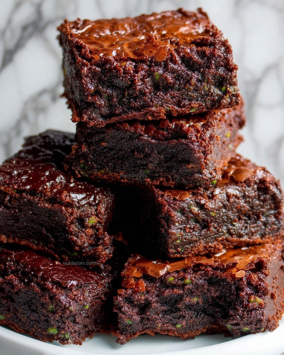 The image shows a close-up of several thick, square chocolate brownies stacked on a white plate. Each brownie has a rich, dark brown color and a slightly shiny, crinkled top layer with a textured, moist interior that hints at a dense and soft consistency. The brownies are closely packed, showing rough edges where they have been separated, and some small bits of lighter brown or green can be seen inside the dense chocolate mass. The background features a white marbled texture, enhancing the dark cocoa color of the brownies, photo taken with an iphone --ar 4:5 --v 7