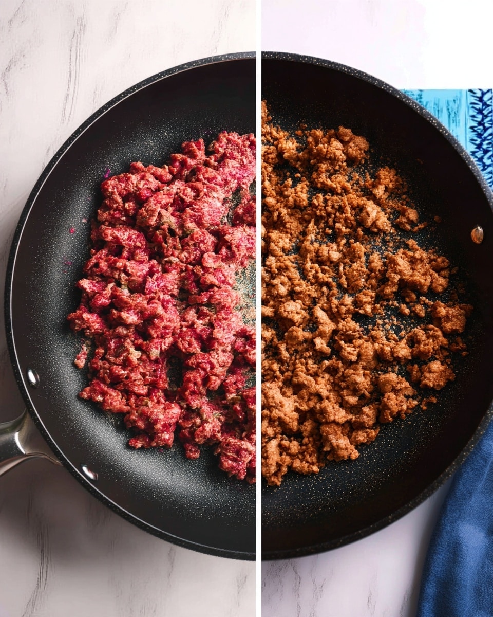 The image shows two side-by-side views of a black frying pan on a white marbled surface. In the left view, raw ground meat is spread unevenly inside the pan with a red and pink color, showing its fresh and uncooked state. The right view shows the same meat fully cooked, now broken into small brown crumbles with a dry texture, evenly covering the bottom of the pan. Both pans are photographed from above, with part of a blue cloth visible on the right side of the cooked meat pan. Photo taken with an iphone --ar 4:5 --v 7