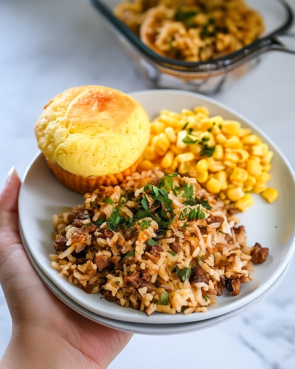A white plate on a white marbled surface holds a simple meal with three parts: a golden brown cornbread muffin on the top left, a pile of bright yellow corn kernels with some green herbs on the top right, and a larger mound of light brown cooked rice mixed with ground meat and garnished with chopped green herbs in the bottom half of the plate. In the background, there is a glass bowl with more of the rice mixture slightly out of focus. The woman’s hand is not visible but implied by the setup. Photo taken with an iphone --ar 4:5 --v 7