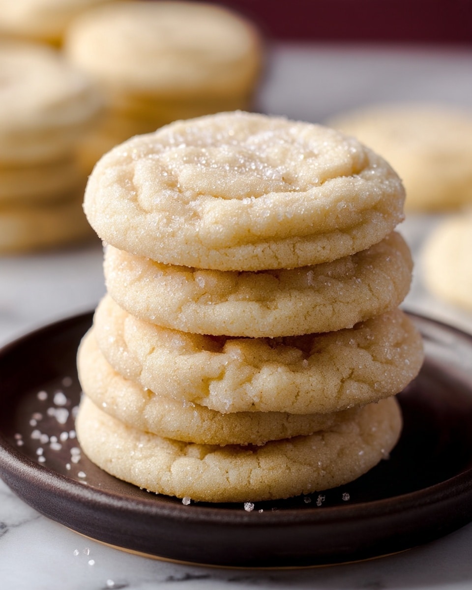 The image shows a close-up of five soft sugar cookies stacked loosely on a dark brown plate set on a white marbled surface. The cookies are light golden in color, with a slightly cracked and textured top, showing fine sugar crystals glistening softly. The cookie on top is tilted, highlighting its thickness and soft, crumbly texture inside. The background is blurred but shows more light-colored cookies, adding depth to the scene. photo taken with an iphone --ar 4:5 --v 7