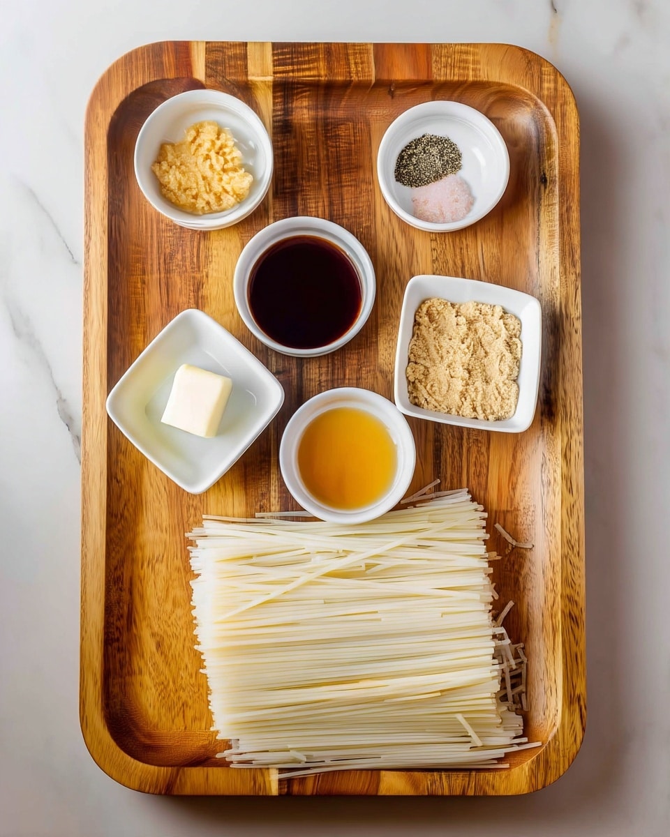 A wooden tray holds six white dishes arranged neatly with ingredients. At the bottom, there is a large bunch of thin, white rice noodles, straight and smooth. Above the noodles, at the center bottom, a small round bowl contains a golden-yellow liquid. To its left, a small square dish holds a pale block of solid fat. To the right of the yellow liquid, a small square dish is filled with light brown powder, coarse in texture. At the top center, a round bowl has a dark brown thick liquid. On the top left, a round bowl contains light yellow minced garlic. At the top right, a round dish shows two piles of seasoning powder: black pepper and pink salt. All items rest on a wooden tray, placed on a white marbled surface. Photo taken with an iphone --ar 4:5 --v 7