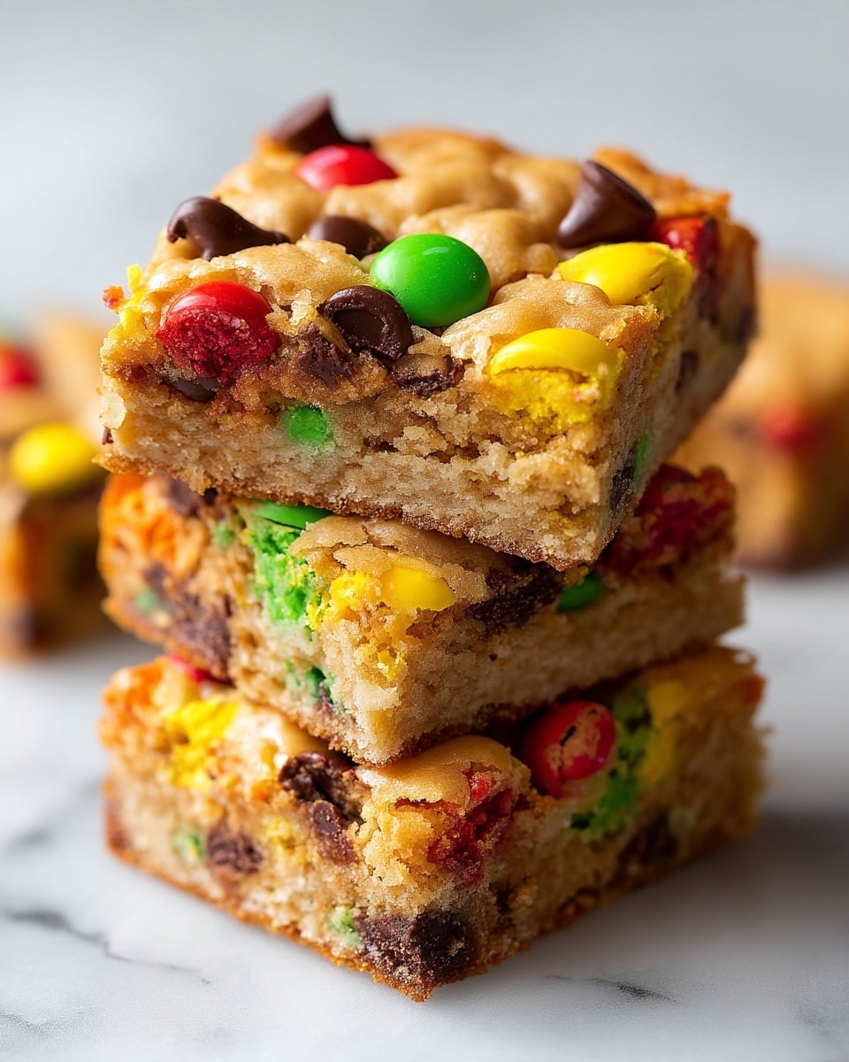 The image shows a stack of square cookie bars with a golden brown top layer filled with colorful pieces of yellow, red, and green candy coating, along with dark chocolate chips scattered across the surface. The bars are thick, showing at least two visible layers – a lighter, soft, and crumbly inner layer and a firmer outer crust. One piece is placed on top of the others, highlighting its texture and thickness. The bars are on a white marbled surface. photo taken with an iphone --ar 4:5 --v 7