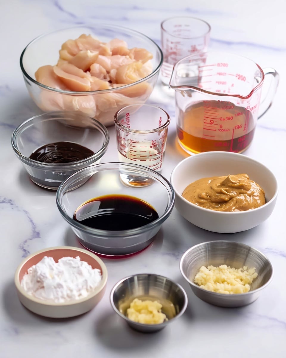 A group of clear glass bowls and small metal containers are arranged on a white marbled surface, each holding different cooking ingredients. At the back, a large clear bowl holds light pink pieces of raw chicken. In front of it, two small clear measuring cups contain light yellow and clear liquid, while a larger clear measuring cup with red markings is placed to the right, partially filled with a pale amber liquid. To the right of the measuring cups, a white bowl holds a thick tan paste. In front, a shallow white bowl with a pink outer rim holds a white powder, and next to it, a small metal container holds finely chopped pale yellow garlic. Two clear bowls are placed near the front center, one filled with a dark thick sauce and the other containing a dark soy-like liquid. Each item is visibly distinct in color and texture, arranged in a tidy layout as if ready for cooking. photo taken with an iphone --ar 4:5 --v 7