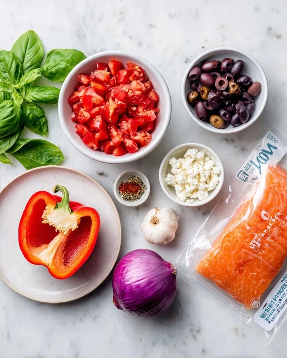 The image shows several bowls and a plate with fresh ingredients arranged on a white marbled surface. There is a white bowl filled with chopped red tomatoes, a small white bowl with black sliced olives, and a white dish holding a mix of spices including red flakes and oregano. Another small white bowl contains crumbly white cheese. A white plate holds half a red bell pepper, a quarter of a purple onion, and a whole garlic clove. To the right, a clear plastic package contains a piece of orange salmon with visible marbling. Green leafy basil leaves are placed on the surface next to the bowls. Photo taken with an iphone --ar 4:5 --v 7