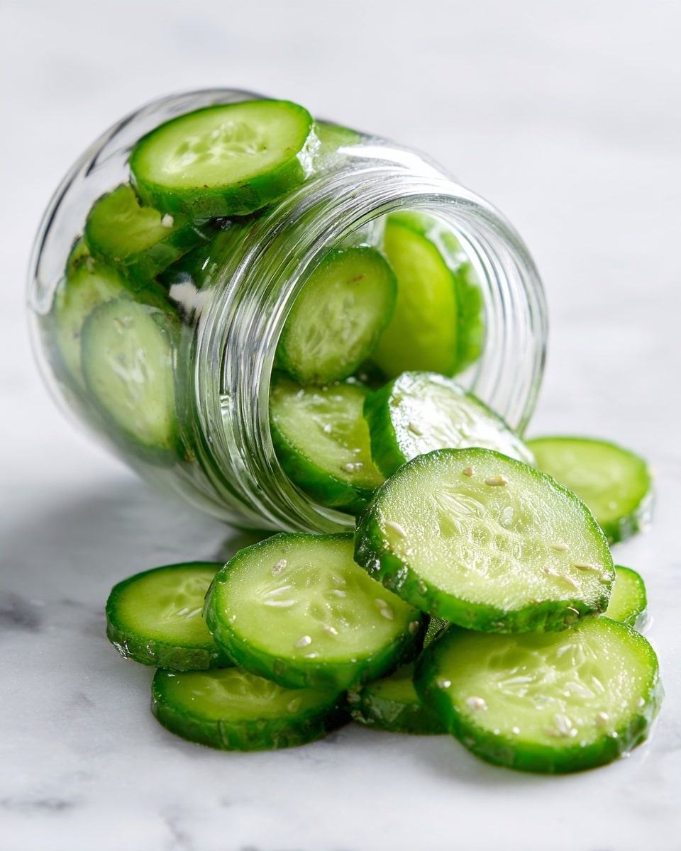 A clear glass jar is tipped over on its side on a white marbled surface, spilling many round cucumber slices. These slices are bright green with a shiny, moist texture, and the cucumber skin is a darker green with small bumps, surrounding the lighter green flesh with visible seeds. The cucumber slices are stacked inside the jar and spread out in front of it on the surface. Photo taken with an iphone --ar 4:5 --v 7