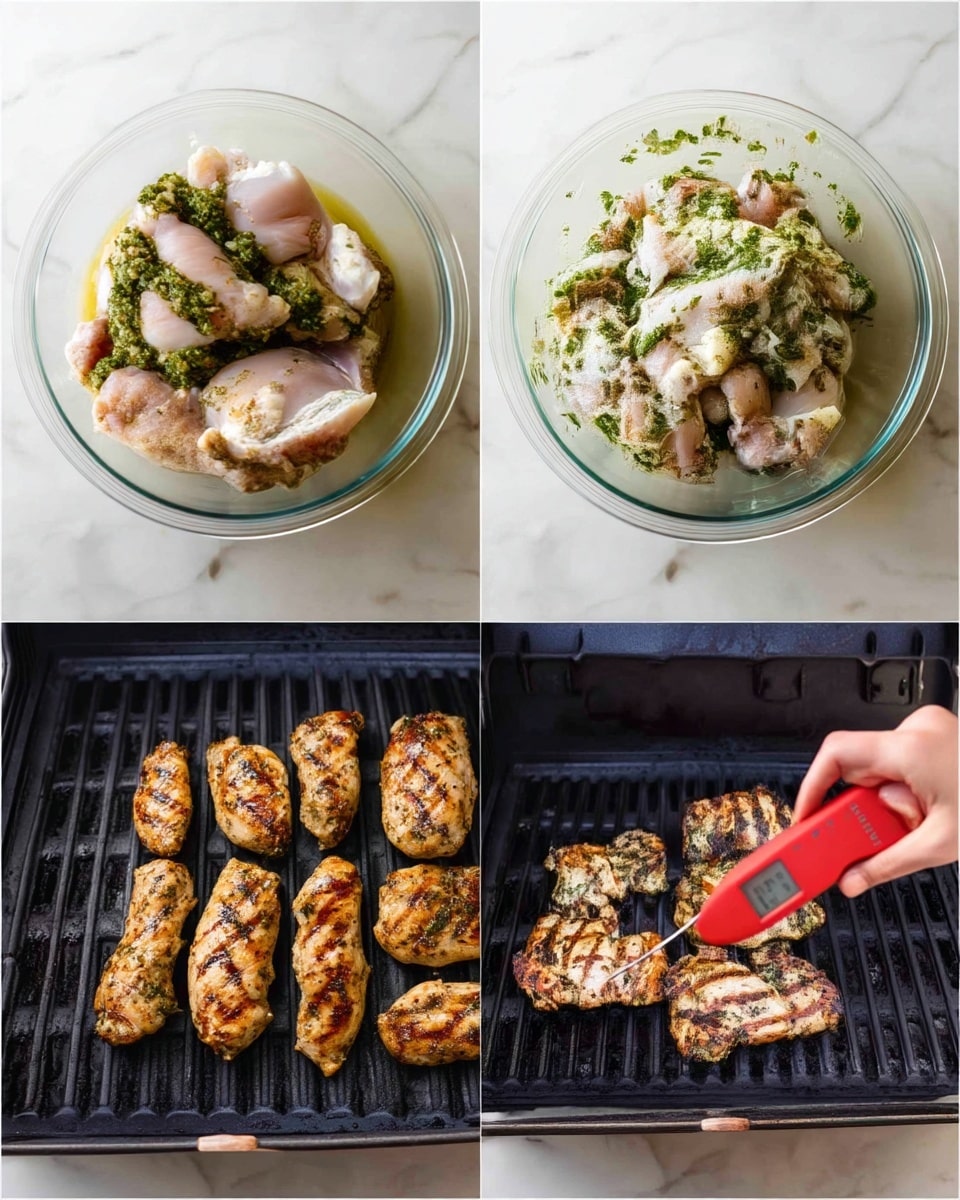The image shows four steps of a cooking process arranged in a 2x2 grid. The top left shows raw chicken pieces in a clear glass bowl sitting on a white marbled surface with green herb sauce placed on top of the chicken. The top right shows the same glass bowl with the chicken and herb sauce mixed together, covering the chicken in green herbs. The bottom left shows five pieces of marinated chicken placed on a black grill with grill marks visible. The bottom right shows a woman's hand holding a red meat thermometer inserted into a piece of grilled chicken on the black grill. photo taken with an iphone --ar 4:5 --v 7
