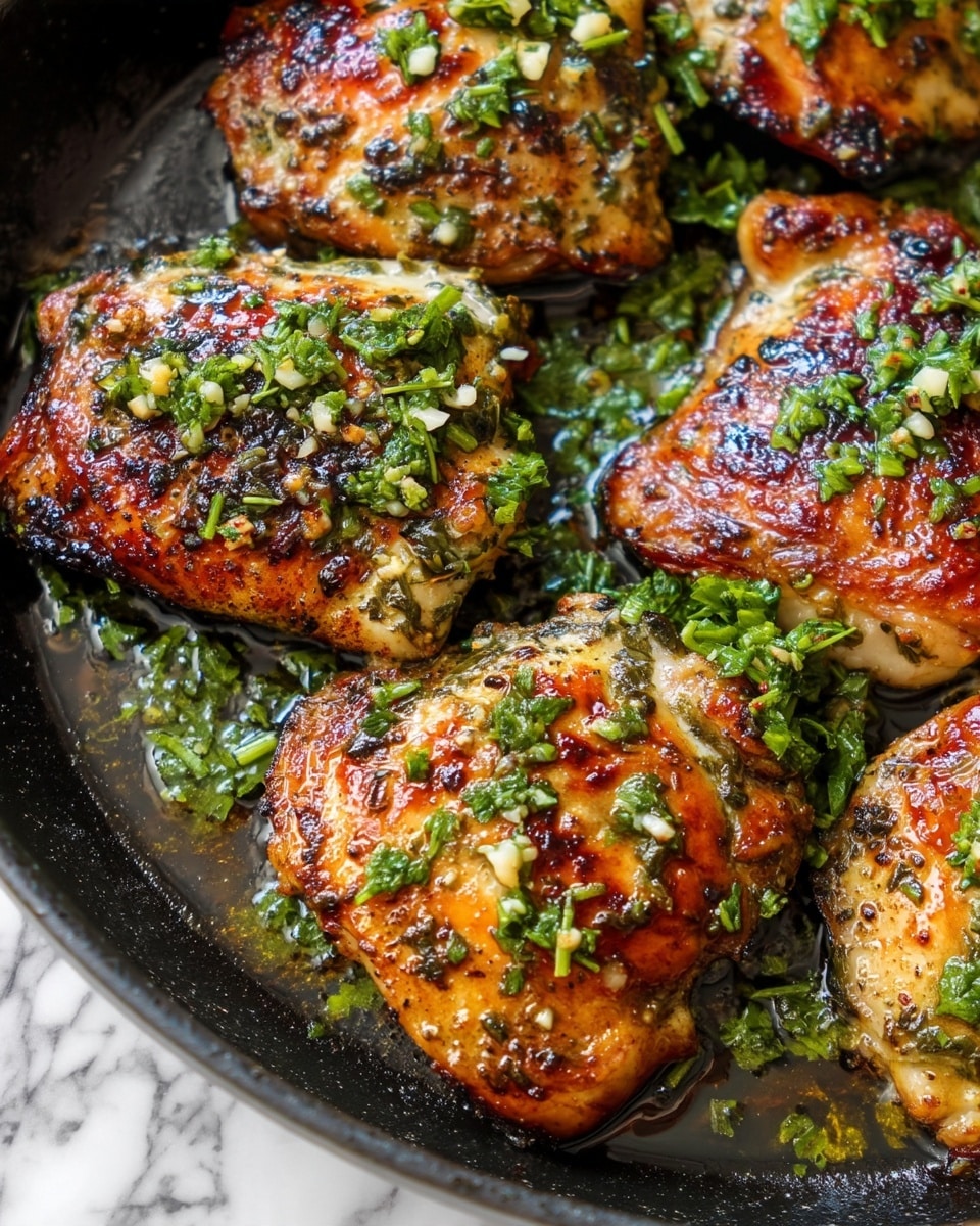 The image shows several pieces of cooked chicken with a golden brown and slightly charred surface, topped with finely chopped fresh green herbs and small bits of garlic. The chicken pieces are laid closely together in a black pan with a little bit of oil seen around them, giving a shiny and moist look. The herbs are spread unevenly over each piece, adding a textured layer of green on top of the warm brown chicken skin. The background is a white marbled texture. photo taken with an iphone --ar 4:5 --v 7