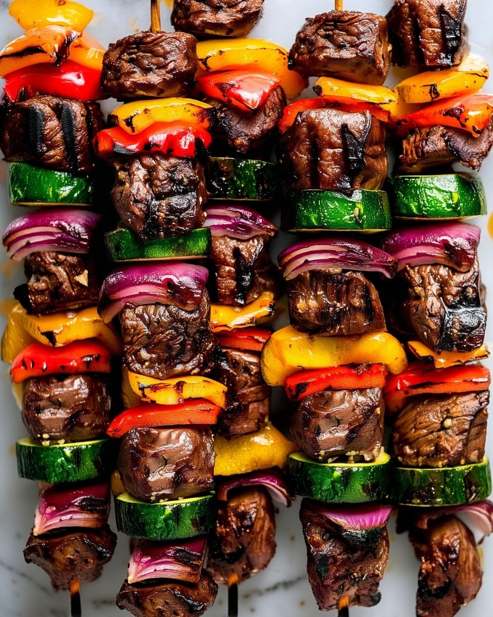 The image shows several grilled beef and vegetable skewers arranged closely together on a white marbled surface. Each skewer has layers starting from the bottom with a thick slice of dark green zucchini with visible grill marks, followed by chunks of purple-red onion with a slightly charred edge. Above this, there is a large cube of dark brown, grilled beef with a seared texture. Next, there is a mix of red and yellow bell pepper pieces, also showing grill marks and slight charring. The layers repeat with beef, onion, zucchini, and peppers stacked tightly on long wooden skewers. The colors contrast well with the bright veggies and dark beef, all glistening slightly with juice. Photo taken with an iphone --ar 4:5 --v 7